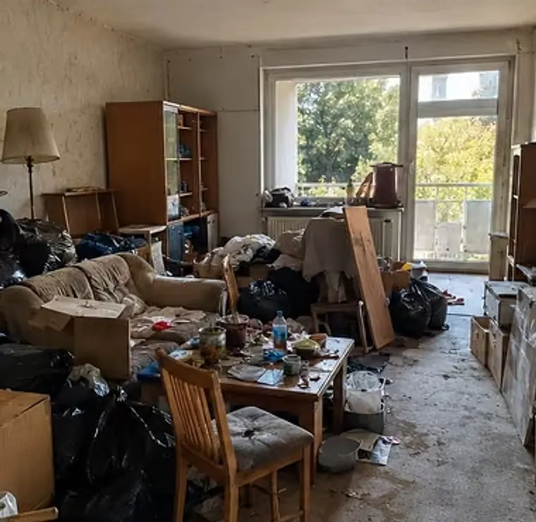 Wohnzimmer vor der Räumung, voll mit Möbeln, Kartons und Müllsäcken